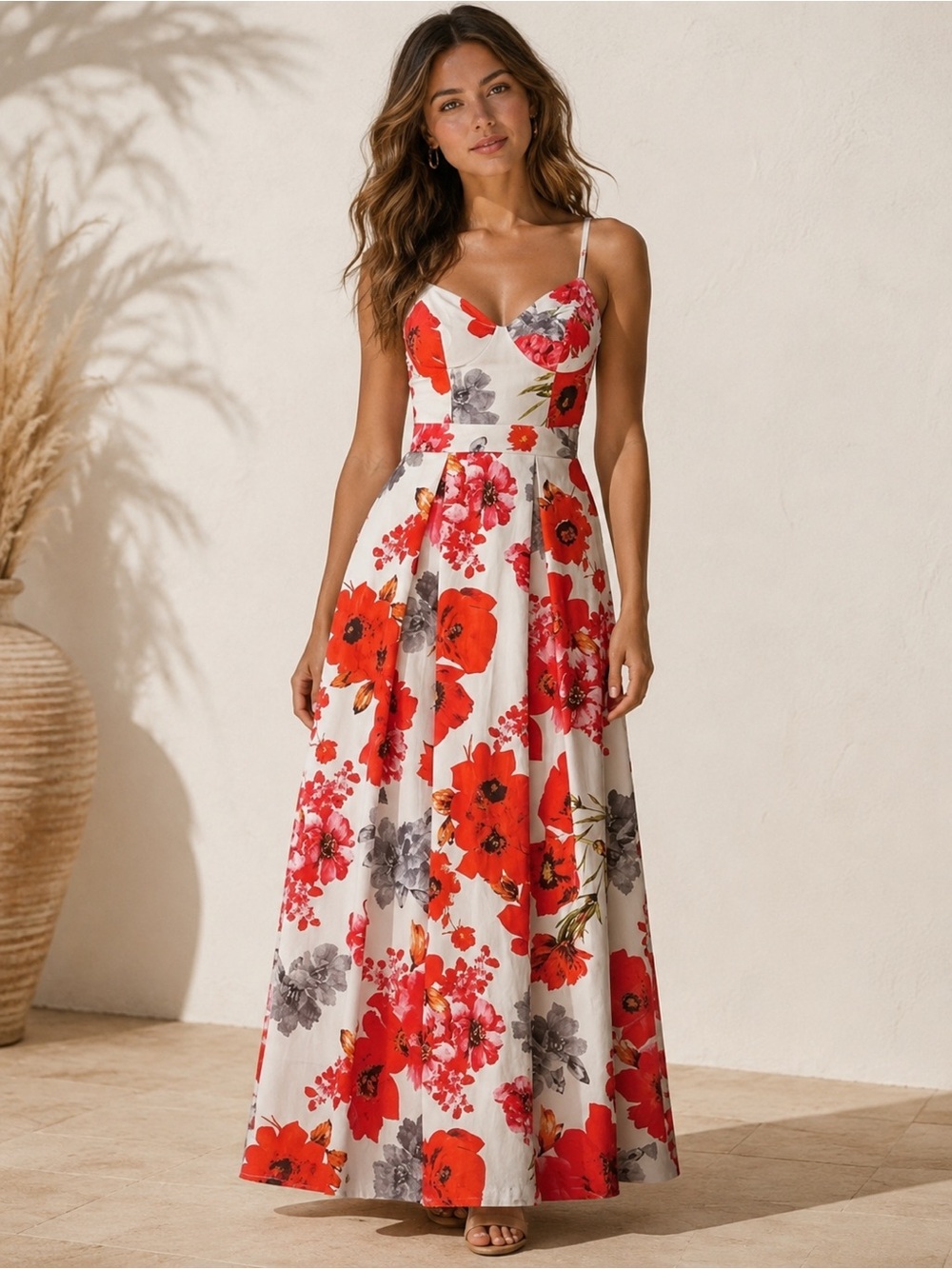 B. Smart Red and White Floral Spaghetti-Strap Maxi Dress
